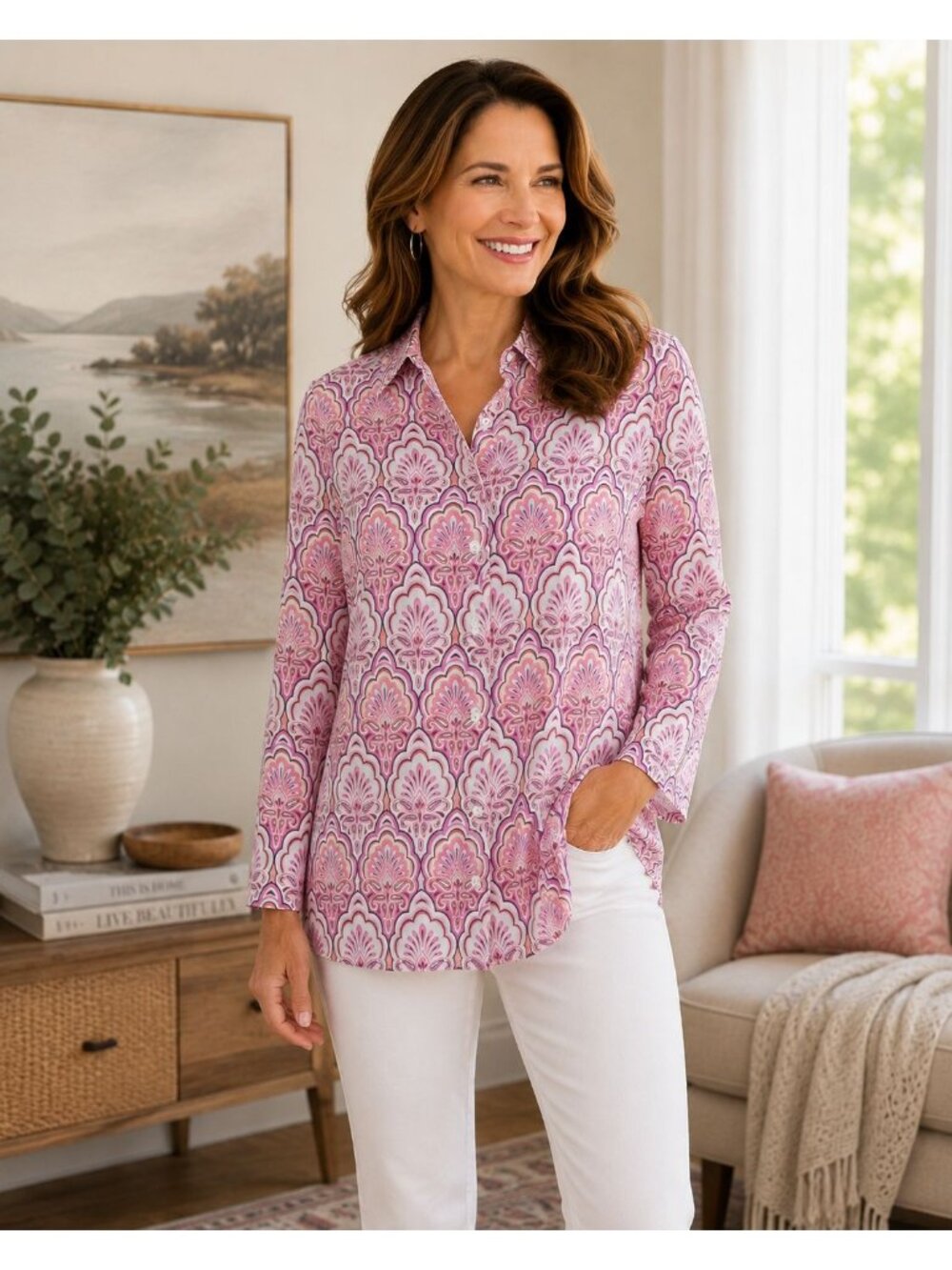 Chico's Size 1 US M Pink White Medallion Print Linen Button Front Tunic Blouse